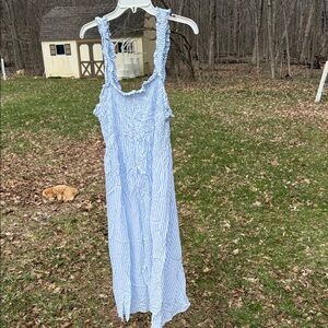 Blue and White Striped Ruffled Strap Maternity Maxi Dress